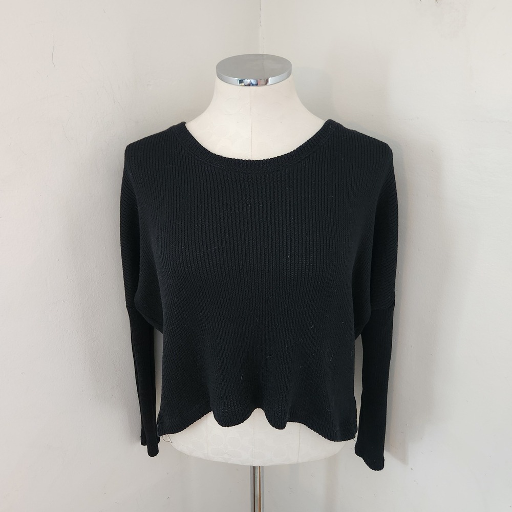 Cape Juby Womens Black Ribbed Knit‎ Cropped Sweater Boxy Dolman Sleeve Small